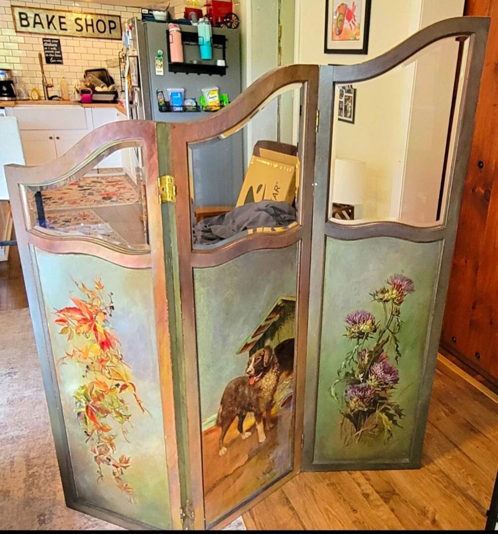Antique Art Nouveau 3-Panel Folding Hand-Painted Wood and Glass Room Divider
